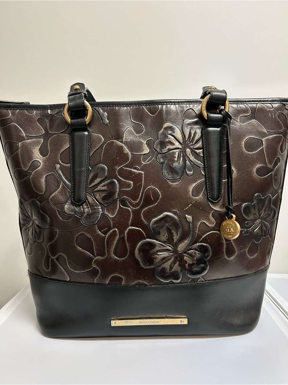 Brown Floral Embossed Leather Tote - Brahmin